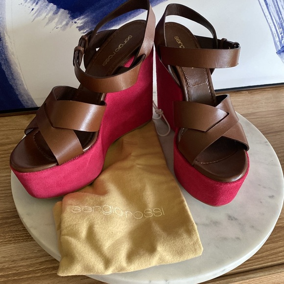 NEW SERGIO ROSSI Brown Leather & Berry Suede Platform Wedge Sandals Size 38 1/2 - Picture 13 of 17